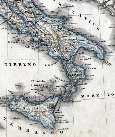 Detalje af et geografikort, der repræsenterer det sydlige Italien (Campania, Calabrien, Sicilien, Puglia, Molise Abruzzo-regionerne). 19. århundrede af Unknown artist