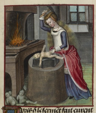 Yksityiskohta pienoismallista, joka kuvaa luontoa takomassa vauvaa, Le Roman de la Rosesta af Unknown artist