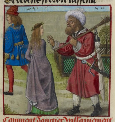 Yksityiskohta Vaara-miniatyyristä, joka karkottaa rakastajan ja Bel Accueilin (reilu tervetuloa) puutarhasta, "Le Roman de la Rosesta" af Unknown artist