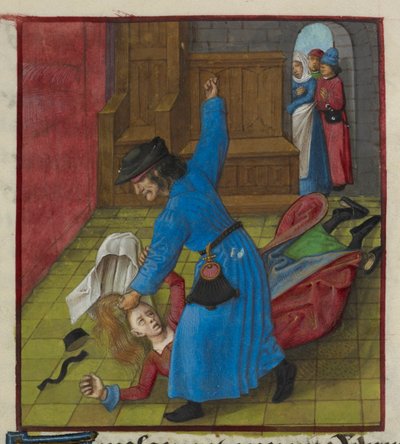 Detalje af en miniature af en jaloux mand, der slår sin kone, indtil hendes hår og tøj flyver rundt, mens tilskuere ser fra døråbningen, fra 