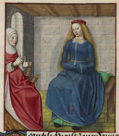 Yksityiskohta pienoiskoosta la Vieillestä (Duenna) ja Bel Accueilista (Fair Welcome), Le Roman de la Rosesta af Unknown artist