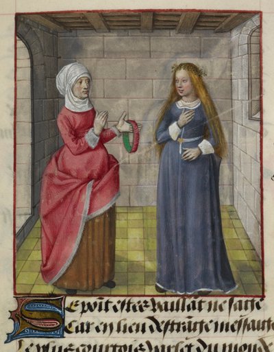 Detalje af en miniature af la Vieille (Duenna) og Bel Accueil (Fair Welcome), fra 