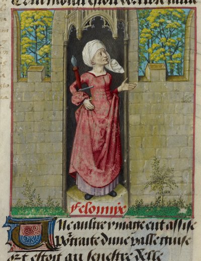 Detalje af en miniature af den allegoriske figur af Feloniye (Forbrydelse), i den første kolonne af folioen, fra 