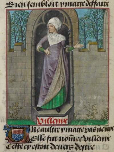 Detalje af en miniature af den allegoriske figur af Vilenie (Villainy), i den anden kolonne af folioen, fra 