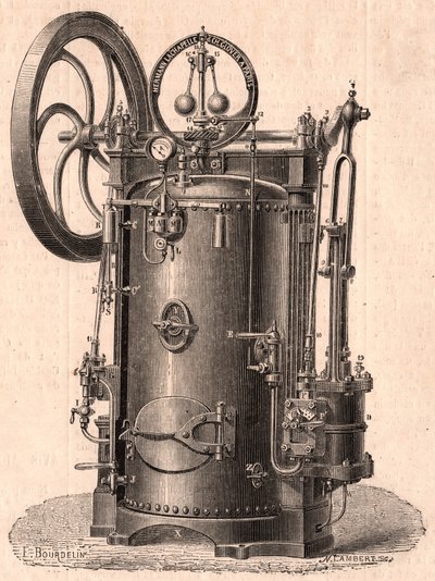 Detaljeret teknisk billede af en lille dampmaskine produceret i Paris i 1866: kedel, cylinder, stempel, plejlstang og svinghjul af Unknown