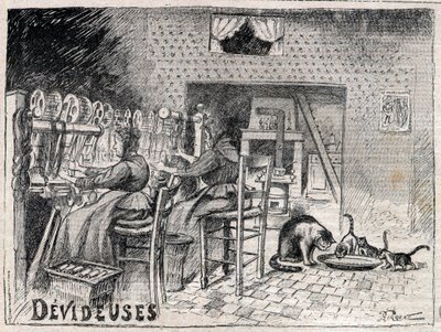 Devideuses - Atelier de Canut - interiør af et silkevæverværksted i Lyon, gravering i "Le Progres illustrious"" fra 1895 af Unknown artist