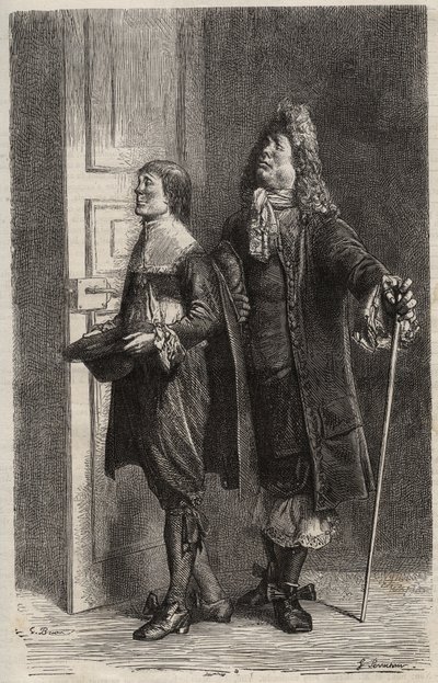 Diafoirus pere et fils - indgravering til "" Den imaginære malad"" af Jean Baptiste Poquelin dit Moliere (1622-1673) (The Imaginary Invalid) af Unknown artist
