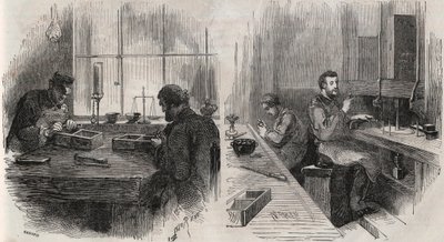 Diamantskæring på et værksted i Holland: kløvere og polere - gravering i "" Le Monde Illustré"" af Unknown artist