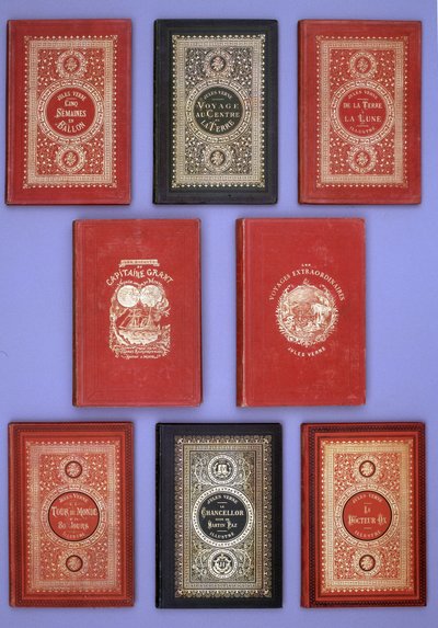 Forskellige forsider af Jules Vernes bøger udgivet i Hetzel-udgaver. Verne biblioteks samling. Paris. af Unknown artist