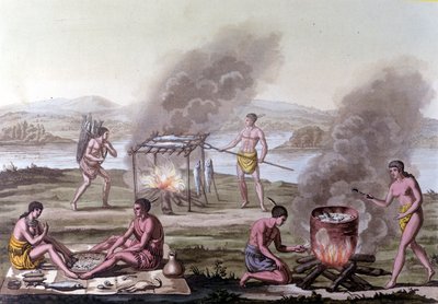 Spise- og madlavningsscene blandt Florida-indianerne. 1600-tals stik. af Unknown artist