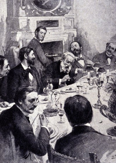Spisning ved bordet af Victor Hugo med Jean Mounet Sully (Mounet-Sully) (1841 - 1916), fransk skuespiller. Indgravering af det 19. århundrede. af Unknown artist