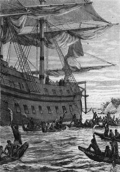 Discovery des Indes: Wallis rejse i Stillehavet; Indfødte mennesker skal møde Colonerne - i "" Les Voyageurs du 18eme et 19eme ecle", af Jules Verne, red. Hetzel et Cie, Paris. af Unknown artist