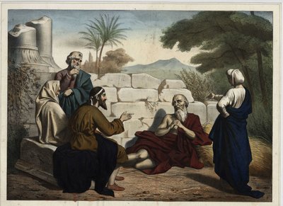 Diskussion mellem Job og hans venner om Jobs ulykker: Gud tester Jobs religiøse tro, der beviser hans trofasthed mod Gud ved at forklare hans ulykker som straf for hans synder. Anonym stik fra midten af 1800-tallet. af Unknown artist