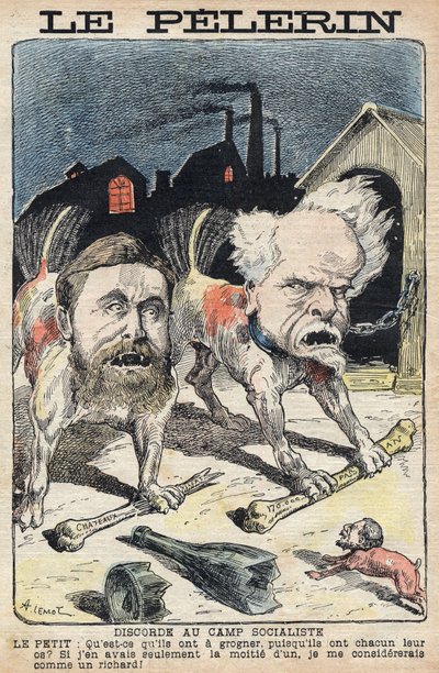 Stridigheder mellem socialisterne Jean Jaures (1859-1914) (til venstre) og Henri Rochefort (1831-1913) (til højre). Illustration i "" Le Pelerin"" af 19. juni 1898. af Unknown artist