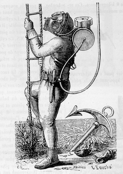 Dykker beklædt med gummibeklædning og regulatortank - i "" Videnskabens vidundere", af Louis Figuier af Unknown artist