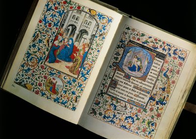 Dobbeltside af et åbent manuskript (bog): Helligåndens nedstigning. Miniature efter Breviary of Mary of Bourgogne af Unknown artist