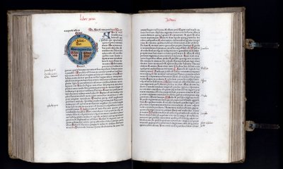 Dobbeltsidet med det skematiske kort over verden på T-O (TO) modellen, tre kontinenter er repræsenteret (Asien, Afrika og Europa). Manuskript "" Ethymologies"" (Etymologiae) af Isidorus (Isidore af sevilla) (560/570-636) 12. århundrede. 1472 af Unknown artist