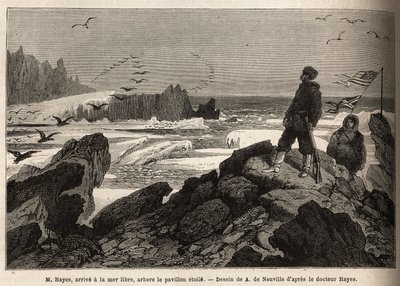 Dr. Hayes, ankommer til det frie hav af den arktiske pol, formålet med hans ekspedition, planter det amerikanske stjernebanner. Gravering for at illustrere rejsen til det frie hav af den arktiske pol, af Doctor Hayes, kirurg fra den amerikanske flåde, i 18 af Unknown artist