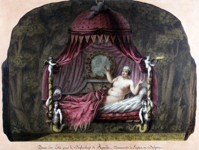 Tegning af en seng til bey di Roumelie, bosat i Sophia, Bulgarien. En nøgen kvinde inviterer hende med. J. J. Lepreu. af Unknown artist