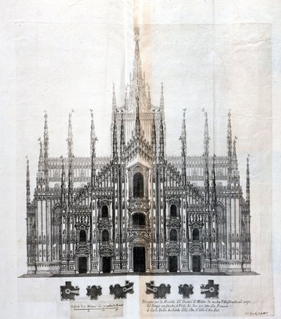 Tegning af facaden af Duomo i Milano, der viser dens ensartethed med bygningens krop. Mange arkitektoniske projekter blev designet omkring det 17. århundrede for at fuldende facaden, der var forblevet ufærdig. af Unknown artist