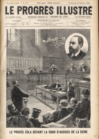 Dreyfus-sag: Emile Zola (1840-1902) ved notretten til retssagen mod Alfred Dreyfus af Unknown artist