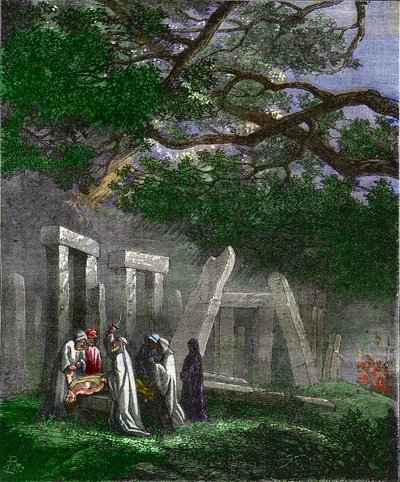 Druider udøver et menneskeoffer ved Stonehenge stoppet af romerske soldater - Menneskeoffer udført af druiderne ved Stonehenge stoppet af romerske soldater under ritualet - Farvelægningsgravering fra det 19. århundrede af Unknown artist