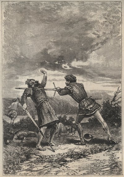 Duel and death of Oak Torquil - illustration fra det 19. århundrede til den historiske roman "The Pretty Girl of Perth or Valentine