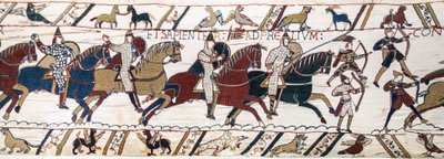 Hertug William opfordrer sine tropper til at forberede sig på kampen mod den engelske hær, Bayeux Tapestry (uldbroderi på hør) af Unknown artist