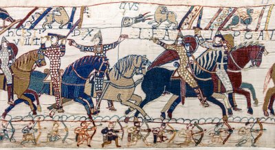 Hertug William viser ansigt til sin hær, Bayeux Tapestry (uldbroderi på hør) af Unknown artist