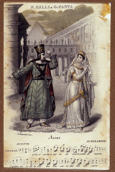 Duo mellem Giuditta Pasta og Filippo Galli i operaen "Semiramide" "(Semiramis) af Gioachino Rossini (1792-1868) af Unknown artist
