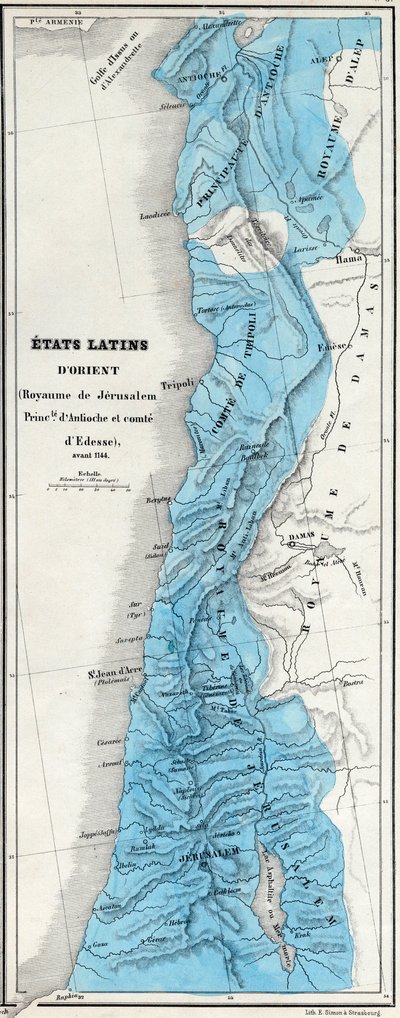 Østlatinske stater før 1144 - Kongeriget Jerusalem - Principaut af Antiokia - Greve af Edessa - Kort udarbejdet af M J-H Schnitzler, Historisk og malerisk atlas 1858 af Unknown artist