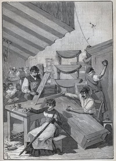Ebenisterie: stempellakeringsværksted. Indgravering fra 1885 i "" Les arts et metiers illustres"" af Adolphe BITARD. af Unknown artist