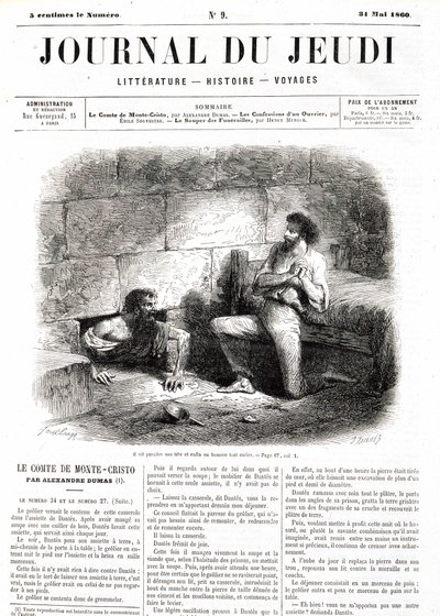 Edmond Dantes, greven af Monte Cristo (Monte Cristo) møder Abbe Faria takket være den hule tunnel i fængslet - i "" Le Journal du Thursdays""" af 31/05/1860 af Unknown artist