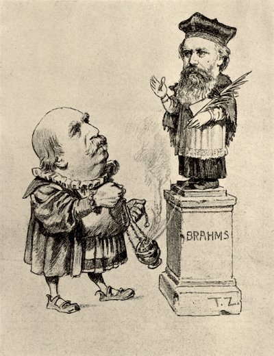 Eduard Hanslick (1825-1904) østrigsk musikkritiker, der tilbeder Brahms på en piedestal af Unknown artist