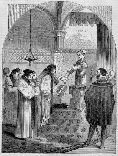 Edward VI (1547 -1553), konge af England, overrækker Joan Bochers certifikat for ærkebiskop Cranmer af Unknown artist