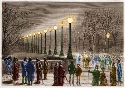 Elektrisk belysning: gulvlamper fra Victoria-kajen i London, Storbritannien. Indgravering i ""La Nature"" af Unknown artist