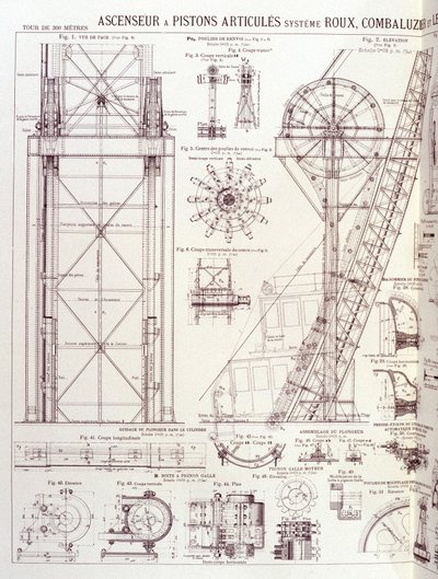 Elevator og leddelte stempler i Eiffeltårnet (Roux-Combaluzier system) - industrielt design af Unknown artist