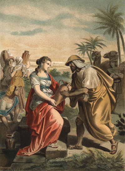 Eliezer, Abrahams tjener, har netop fundet Rebeccas fremtidige hustru til Isaac. Indgravering af 1881.i "" Skønhedskulturen"" af Juan Justo Huguet, Molinas Hermanos editores af Unknown artist