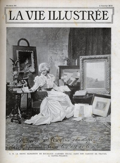 Elisabeth af Wied Dronningsgemal af Rumænien 1843-1916 - Elisabeth de Wied - Elisabeth Pauline Ottilie Louise de Wied (kendt som Carmen Sylvas pen), på hendes kontor i Castel Pelesch - omslag illustreret fra 1900 af Unknown artist