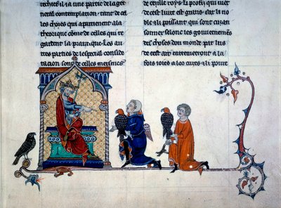 Kejser Frederik II (1194-1250) modtager minifalkoner fra "De arte venandi cum avibus" af Unknown artist