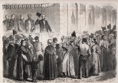 Kejser Napoleon III (1808-1873) på terrassen i villaen Strauss a Vichy, mødt af folket på landet søndag den 7. juli 1861 - Indgravering i "" Den illustere verden" af Unknown artist