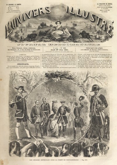 Kejser Napoleon III på jagt i Fontainebleau - 1861 - Imperialjagt i Fontainebleau i nærværelse af Napoleon III (1808-1873) og Imperatrice Eugenie (1826-1920). Det berømte univers i 1861 - af Unknown artist