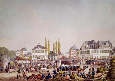 Kejser Napoleon I (1769-1821) gennemgår tropperne i Frankfurt. Stik fra 1813. Frankfurt, Historisk museum af Unknown artist