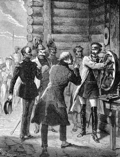 Kejser Nicholas I udførte den første test af telegraflinjen fra Skt. Petersborg til Warszawa i 1838. Gravering 1800-tallet af Unknown artist