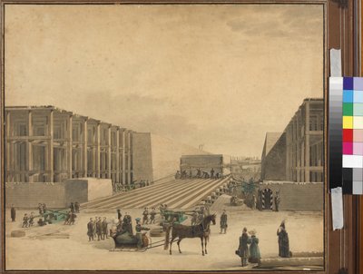 Kejser Nicholas I besøger Alexandersøjlens byggeplads - Anonym. Akvarel på papir, efter 1836. Statens Museum for Sankt Petersborgs Historie af Unknown artist