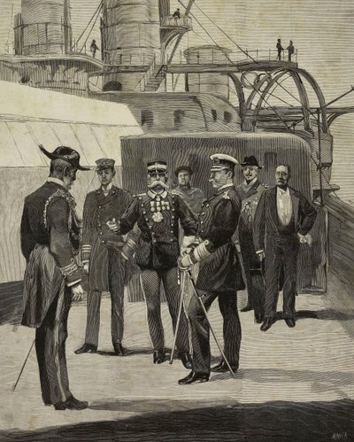 Kejser Wilhelm II af Tyskland (1859-1941) besøger slagskibet Sicilia, Venedig, Italien, tegning af E X fra L
