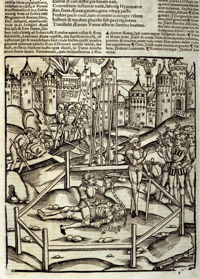 Eneide de Virgil (70 f.Kr.-19 f.Kr.), Bog XII, dræber de trojanske helte Enee i et Turnus-slag under øjnene af latinerne og Rutules. Xylografi af Sebastian Brant (1458-1521). Strasbourg af Unknown artist