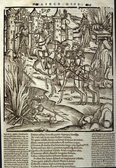 Eneide de Virgil (70 f.Kr.-19 f.Kr.), bog XIII (supplementum), den trojanske helte Enee modtager latinerne, der ofres til ære for krigens ofre. Xylografi af Sebastian Brant (1458-1521). Strasbourg af Unknown artist