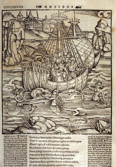 Eneide de Virgil (70 f.Kr.-19 f.Kr.), de trojanske helte Enee og hans ledsagere krydser et hav fyldt med sirene. Xylografi af Sebastian Brant (1458-1521). Strasbourg af Unknown artist