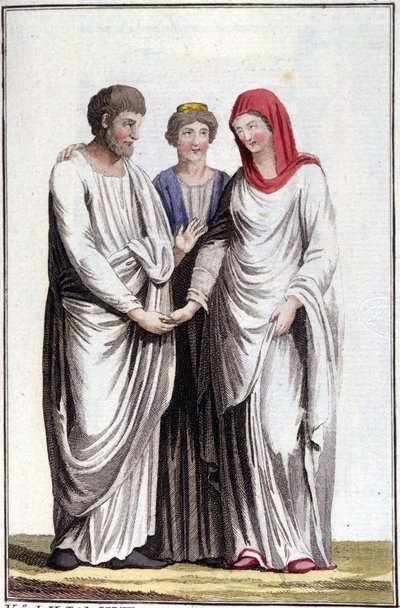 Forlovelse eller løfte om ægteskab: dextrarum iunctio eller forening af lige hænder. Indgravering af det 19. århundrede. af Unknown artist